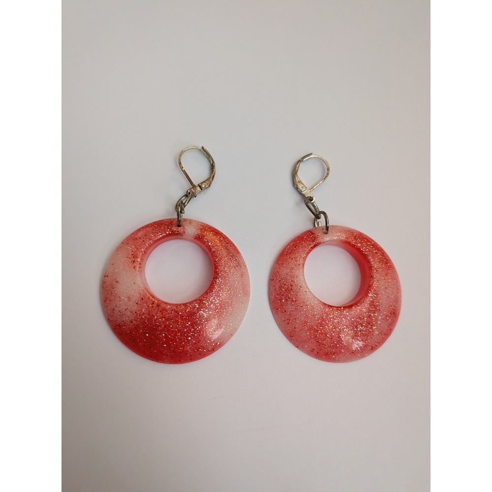 Red White Swirl Resin Glitter Hoop Earrings Silver Tone Lever Back Dangle